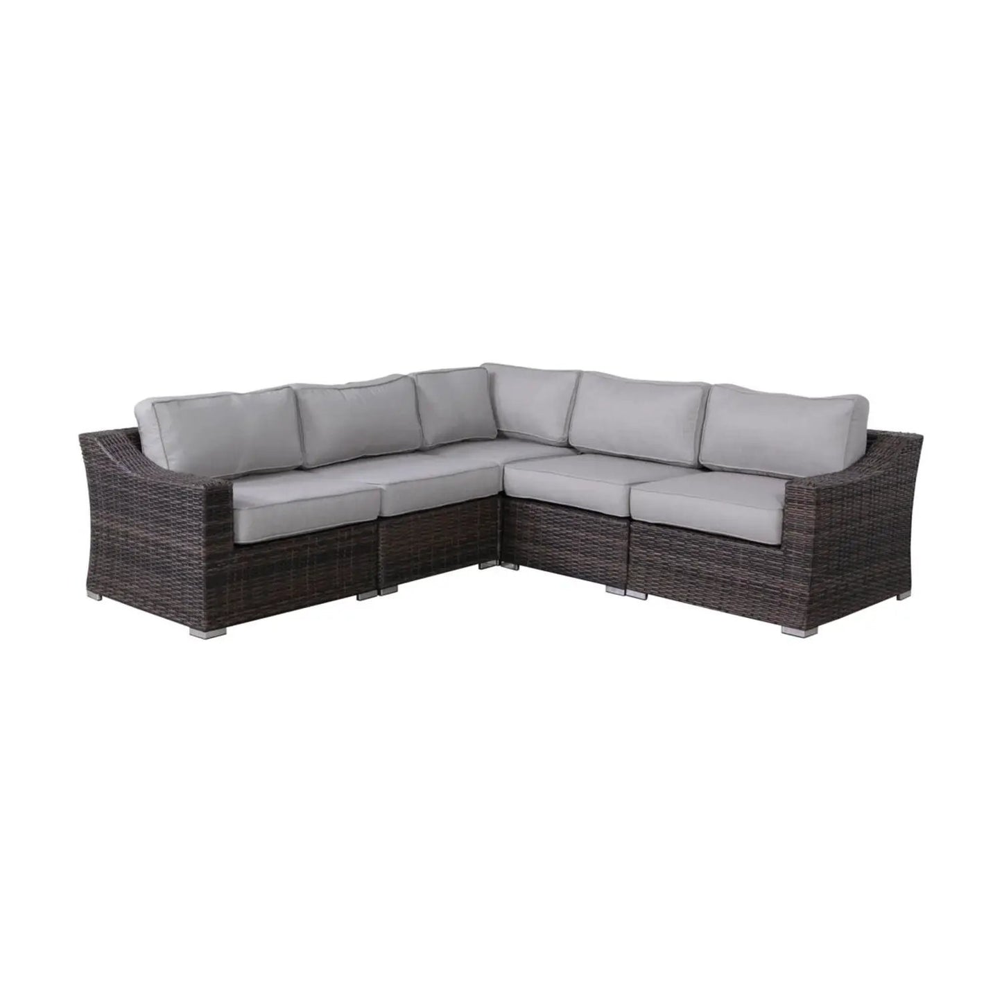 Contemporary outdoor rattan sectional with gray cushions in dark brown wicker stationary on Tampa Home & Garden Store