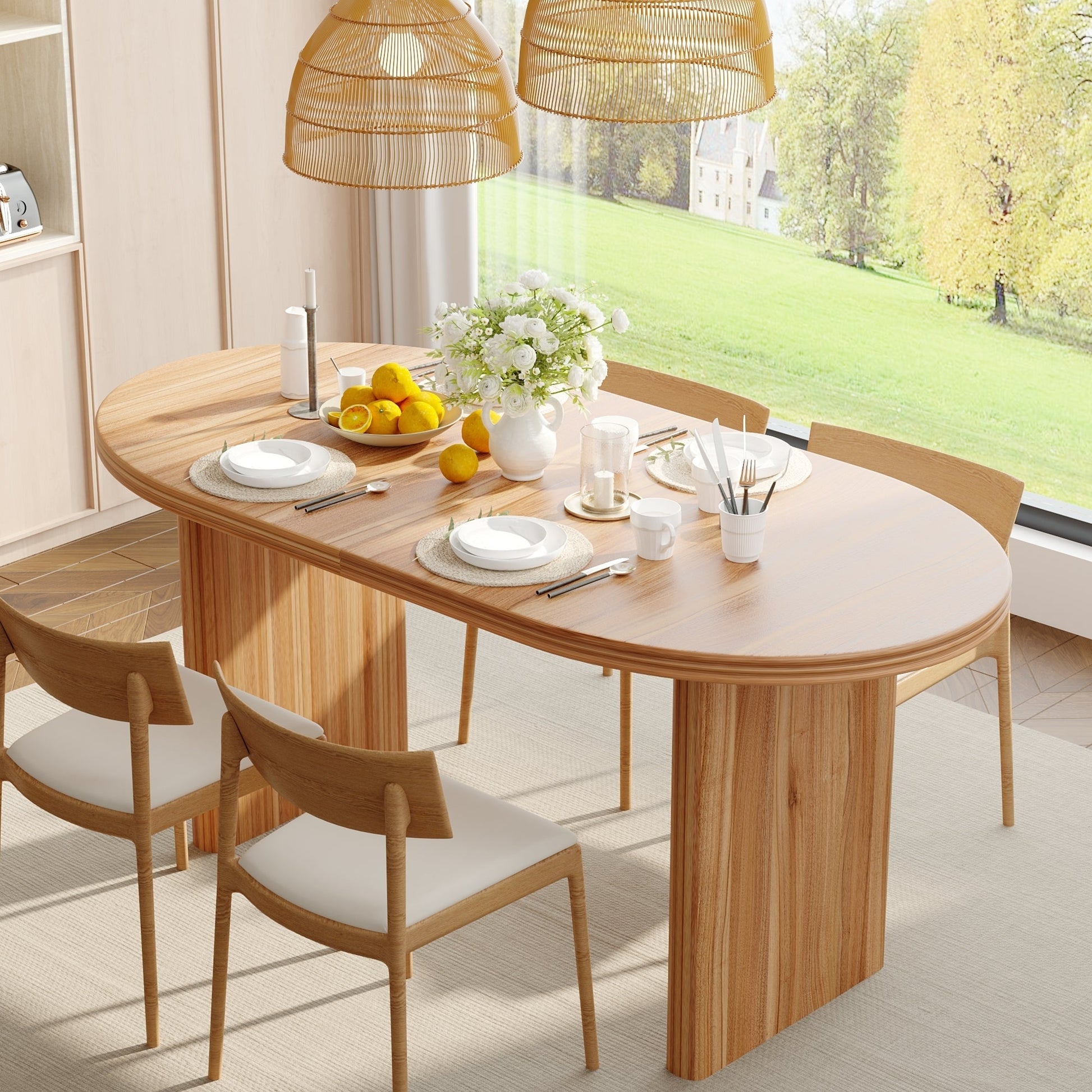 Modern extendable dining table with removable leaves in natural wood finish, pedestal base on Tampa Home & Garden Store