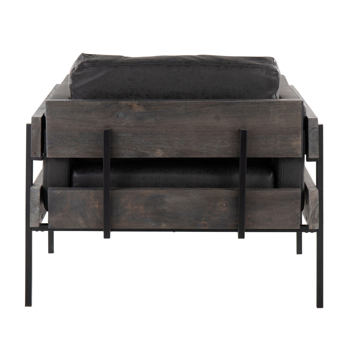 Farmhouse chair Kari with metal base, dark wood frame, black leather cushions on Tampa Home & Garden Store