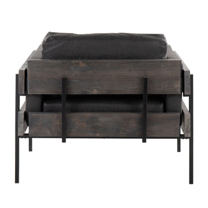 Farmhouse chair Kari with metal base, dark wood frame, black leather cushions on Tampa Home & Garden Store