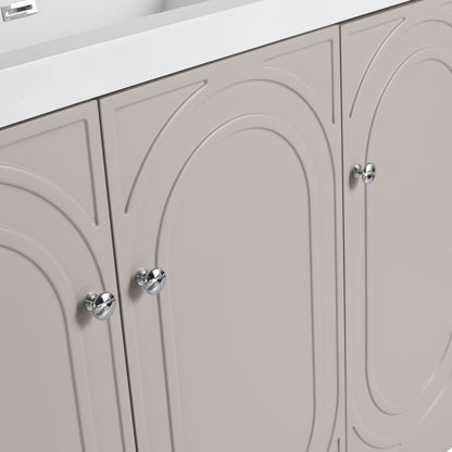 Freestanding bathroom vanity with soft close beige arched-panel doors chrome knobs white top on Tampa Home & Garden Store