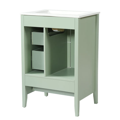 Retro bathroom vanity with white ceramic sink in sage green, HouseOfZazla; soft-close drawers on Tampa Home & Garden Store