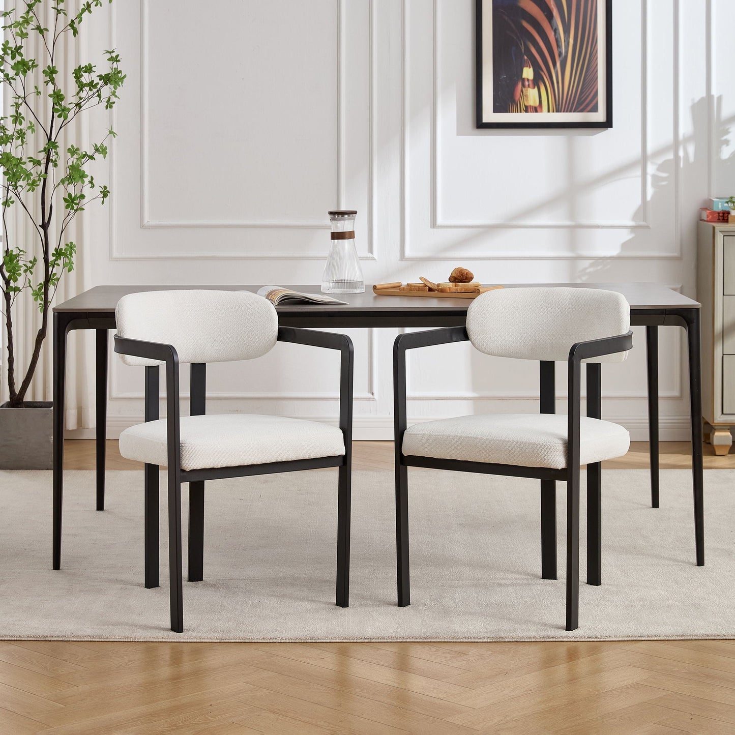 Dining arm chairs, white upholstered seats, black metal frames, set of 2 on Tampa Home & Garden Store