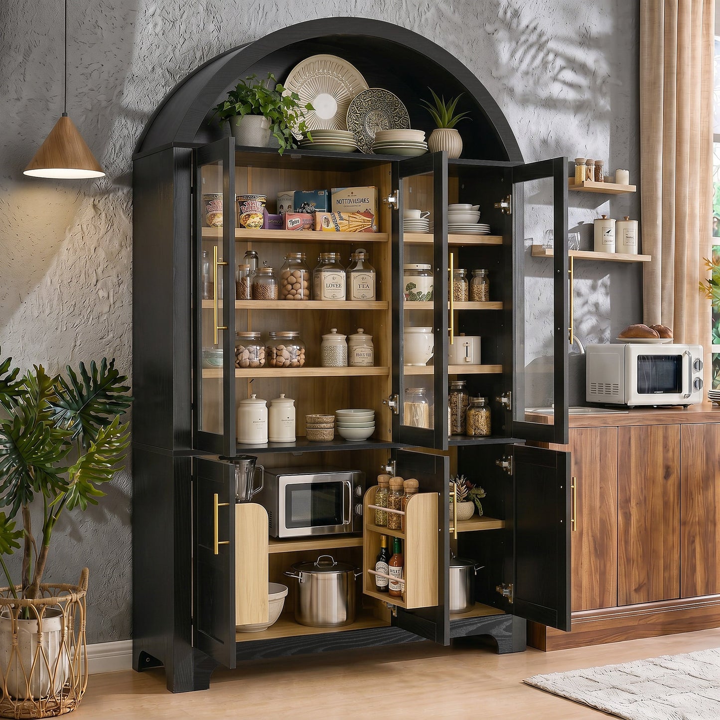 Tall Arched Kitchen Wood Pantry Cabinet