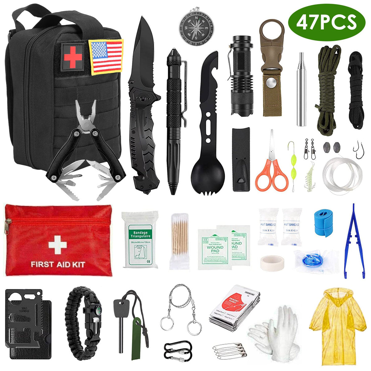 GemGear 47pc Emergency Survival Kit in black pouch with knife, flashlight, compass on Tampa Home & Garden Store