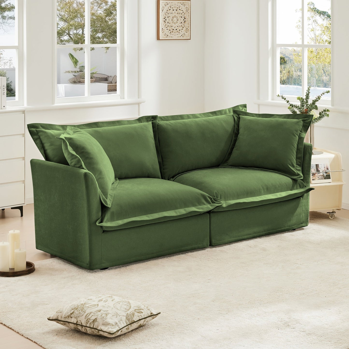 HouseOfZazla Modern Slipcovered 2-Seat Sofa in emerald green velvet on Tampa Home & Garden Store