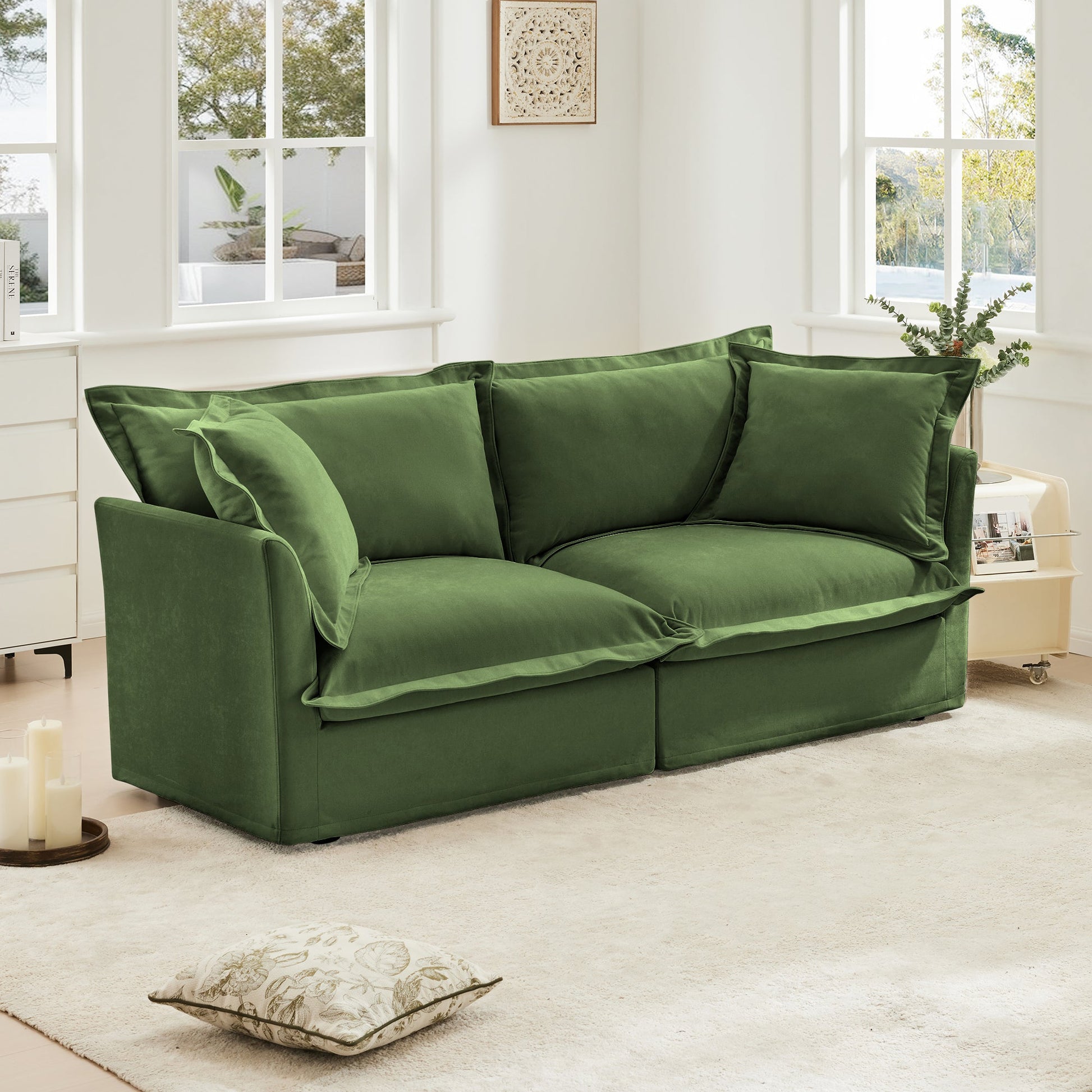 HouseOfZazla Modern Slipcovered 2-Seat Sofa in emerald green velvet on Tampa Home & Garden Store
