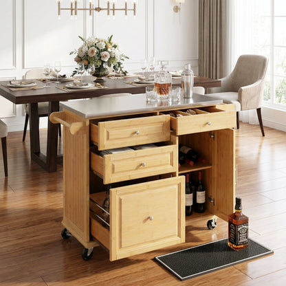 Bamboo Rolling Kitchen Island with Steel Top
