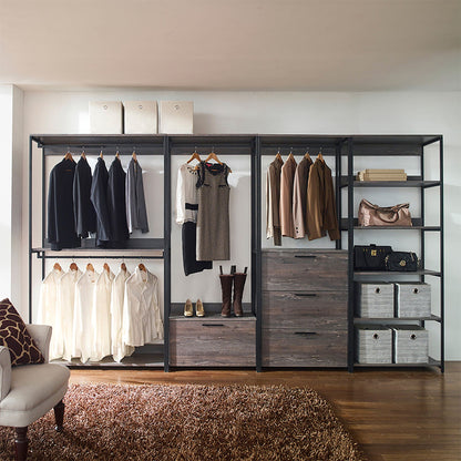 Dark brown walk-in closet wardrobe in black metal frame with three drawers and shelves on Tampa Home & Garden Store