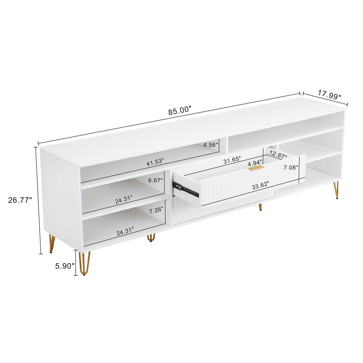 Fluted TV stand with storage in white finish, gold metal legs, HouseOfZazla on Tampa Home & Garden Store