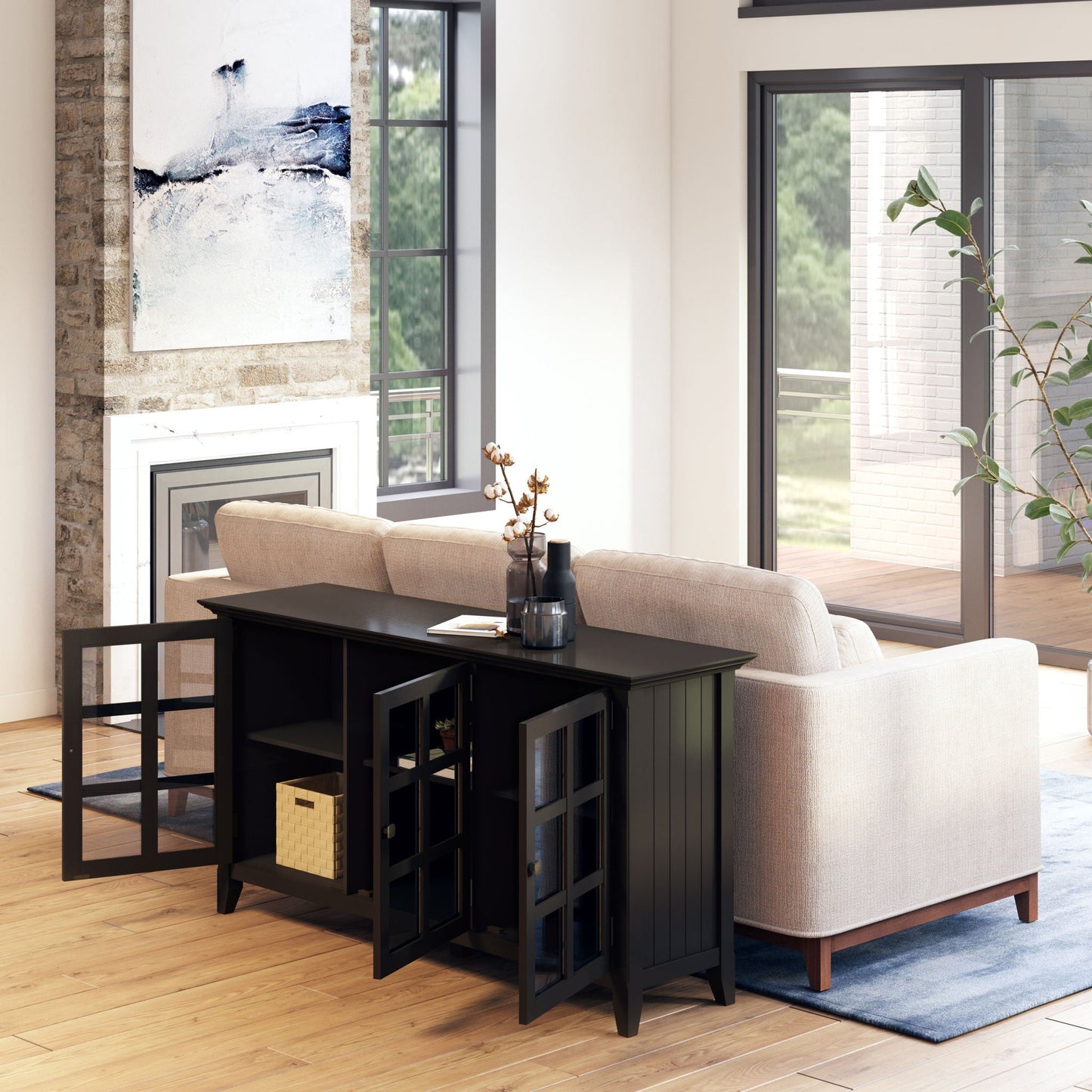 Acadian Wide Storage Cabinet Handcrafted in black with grid-panel sides and open shelving on Tampa Home & Garden Store