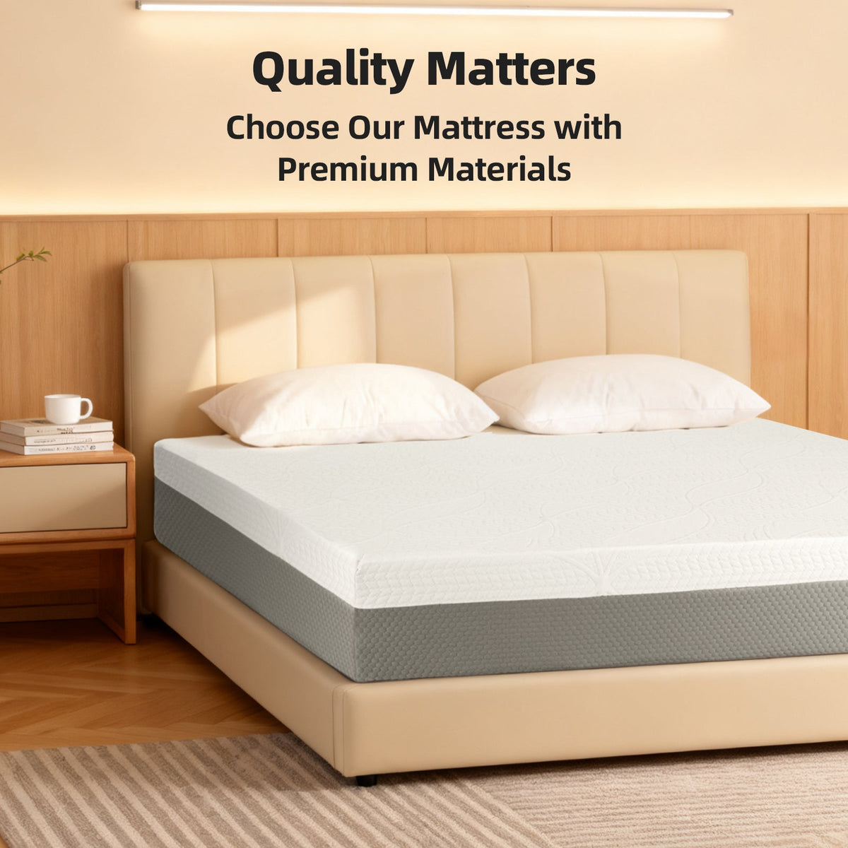 10-Inch Premium Queen Mattress by HouseOfZazla with white quilted top on beige upholstered bed on Tampa Home & Garden Store