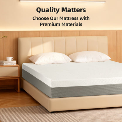10-Inch Premium Queen Mattress by HouseOfZazla with white quilted top on beige upholstered bed on Tampa Home & Garden Store