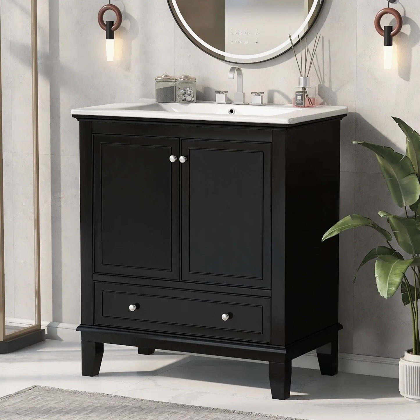 30in black bathroom vanity with white sink, two cabinet doors and two drawers on Tampa Home & Garden Store