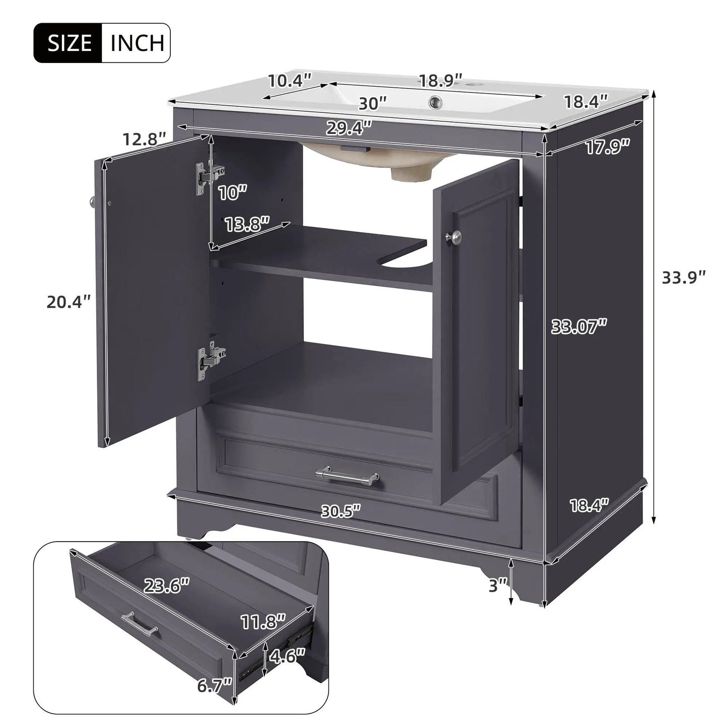 Bathroom Vanity With Sink, Cabinet & 2 Soft Closing Doors & Adjustable Shelf in dark gray on Tampa Home & Garden Store