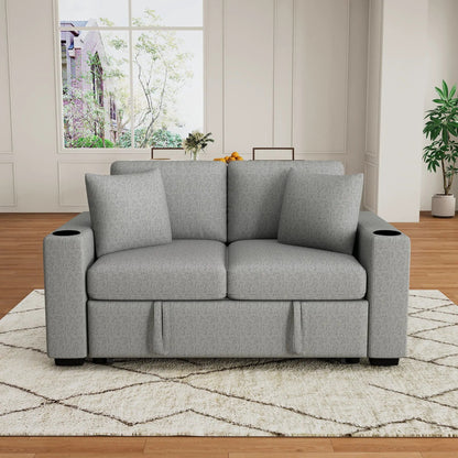 Modern grey fabric 2-seat sleeper loveseat with cup holders in armrests on Tampa Home & Garden Store