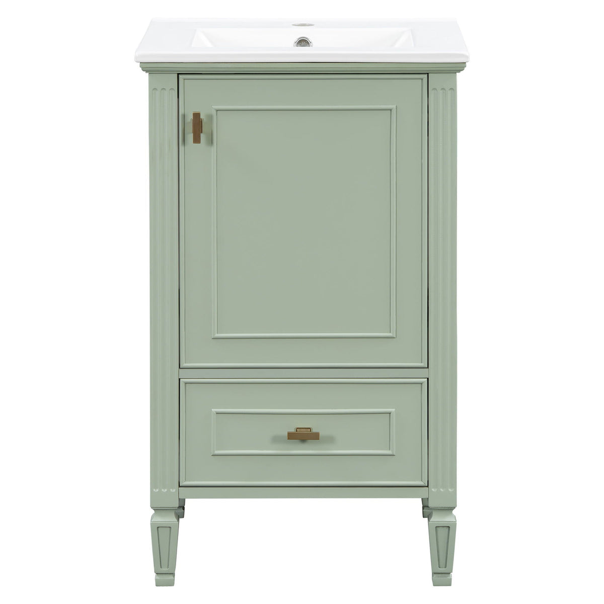 Retro bathroom vanity with sink in sage green, white top, soft-closing doors, gold hardware on Tampa Home & Garden Store