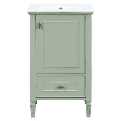 Retro bathroom vanity with sink in sage green, white top, soft-closing doors, gold hardware on Tampa Home & Garden Store