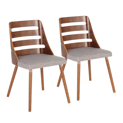Pair of mid-century modern kids' dining chairs with dark wood finish and gray upholstered seats on Tampa Home & Garden Store