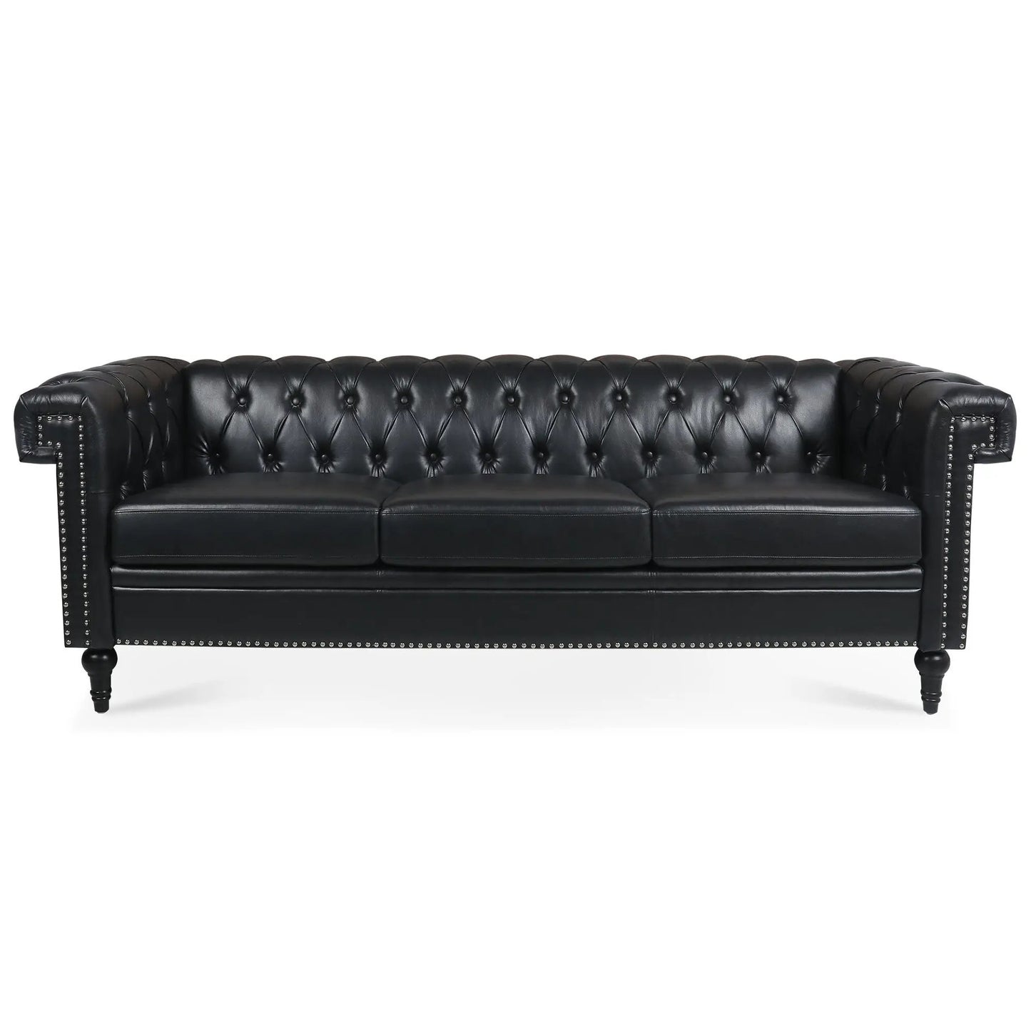 Traditional Square Arm Removable Cushion 3 Seater Sofa in black leather with tufted studded trim on Tampa Home & Garden Store