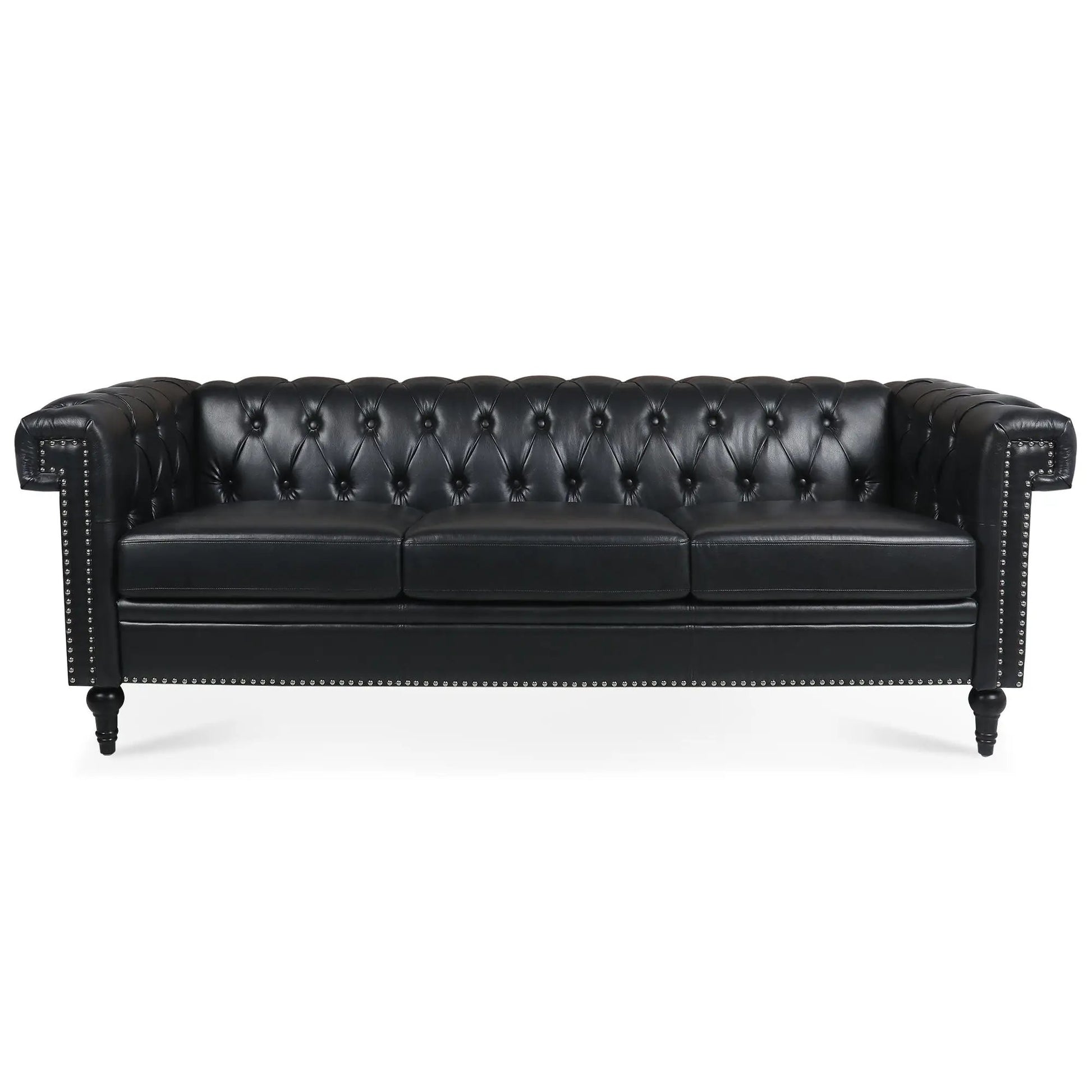 Traditional Square Arm Removable Cushion 3 Seater Sofa in black leather with tufted studded trim on Tampa Home & Garden Store