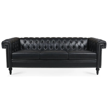 Traditional Square Arm Removable Cushion 3 Seater Sofa in black leather with tufted studded trim on Tampa Home & Garden Store