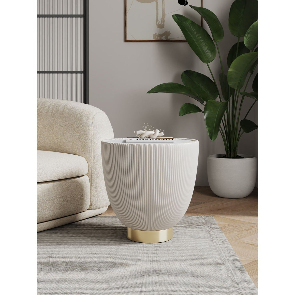 Upholstered end table with ribbed cream finish, sintered stone top and gold base on Tampa Home & Garden Store