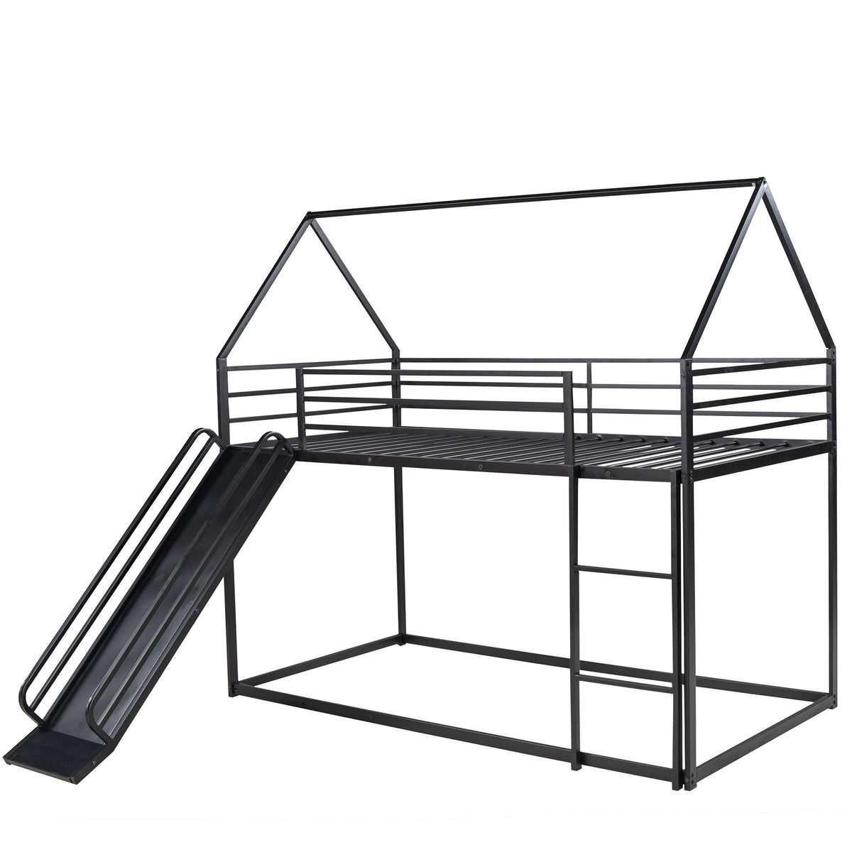 Twin Over Twin House Bunk Bed with Ladder and Slide by HouseOfZazla in black metal on Tampa Home & Garden Store