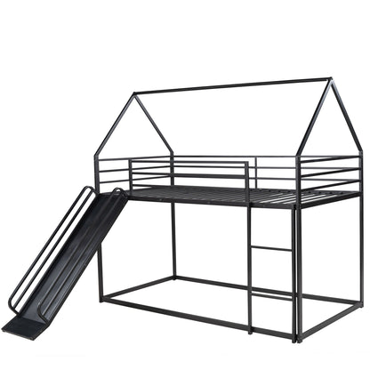 Twin Over Twin House Bunk Bed with Ladder and Slide by HouseOfZazla in black metal on Tampa Home & Garden Store