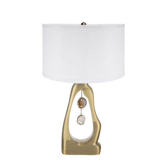 Geode-Inspired gold aluminum table lamp with white fabric shade and hanging crystals on Tampa Home & Garden Store
