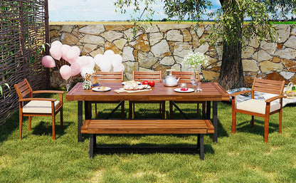 GO Outdoor Wood Dining Set for 7-8 Persons with wooden table, benches and cushioned chairs on Tampa Home & Garden Store