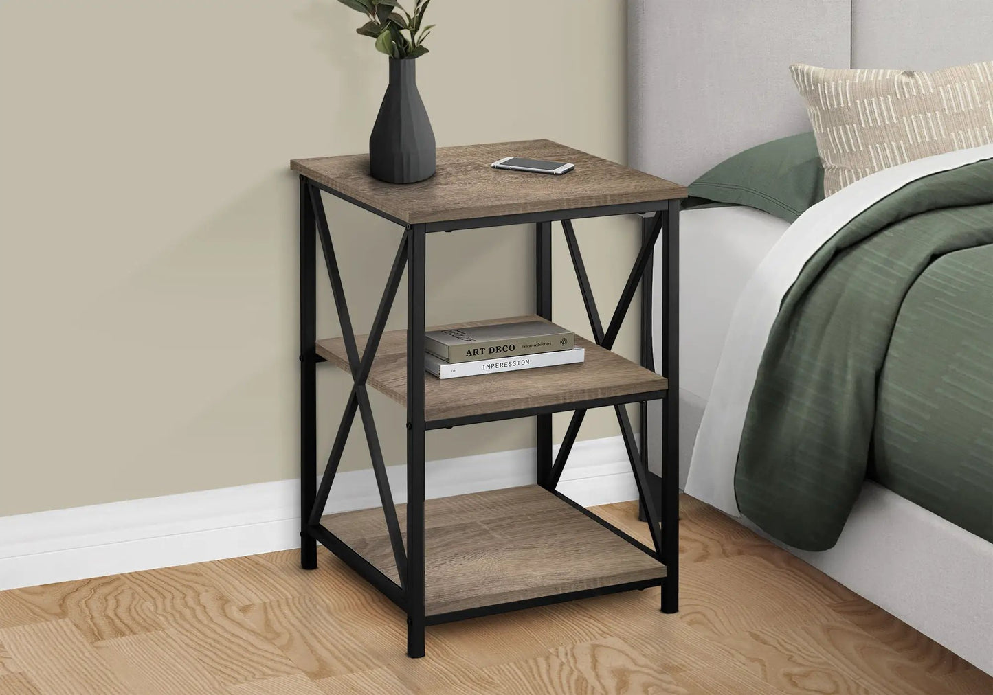3 Tier Marble-Look Accent Table with wood shelves and black metal frame by Unique Piece Furniture on Tampa Home & Garden Store