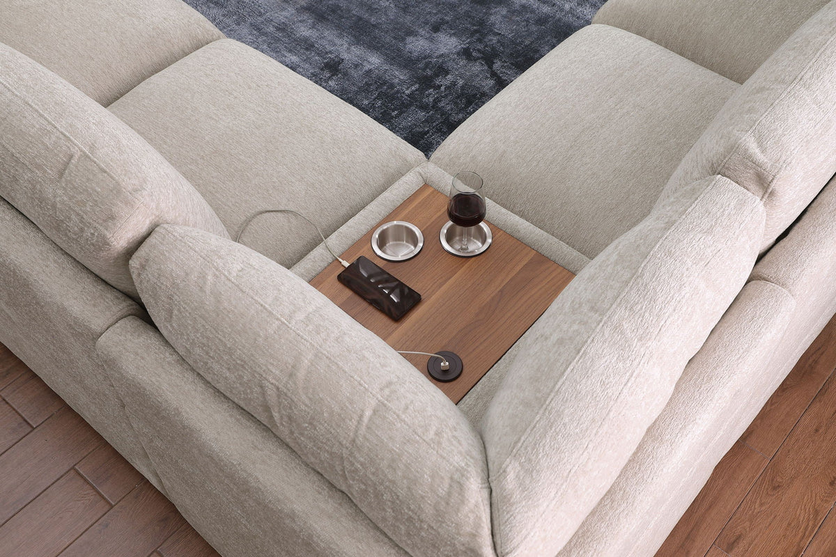 Celine fabric corner sectional sofa with right chaise, beige, cupholders and charging ports on Tampa Home & Garden Store