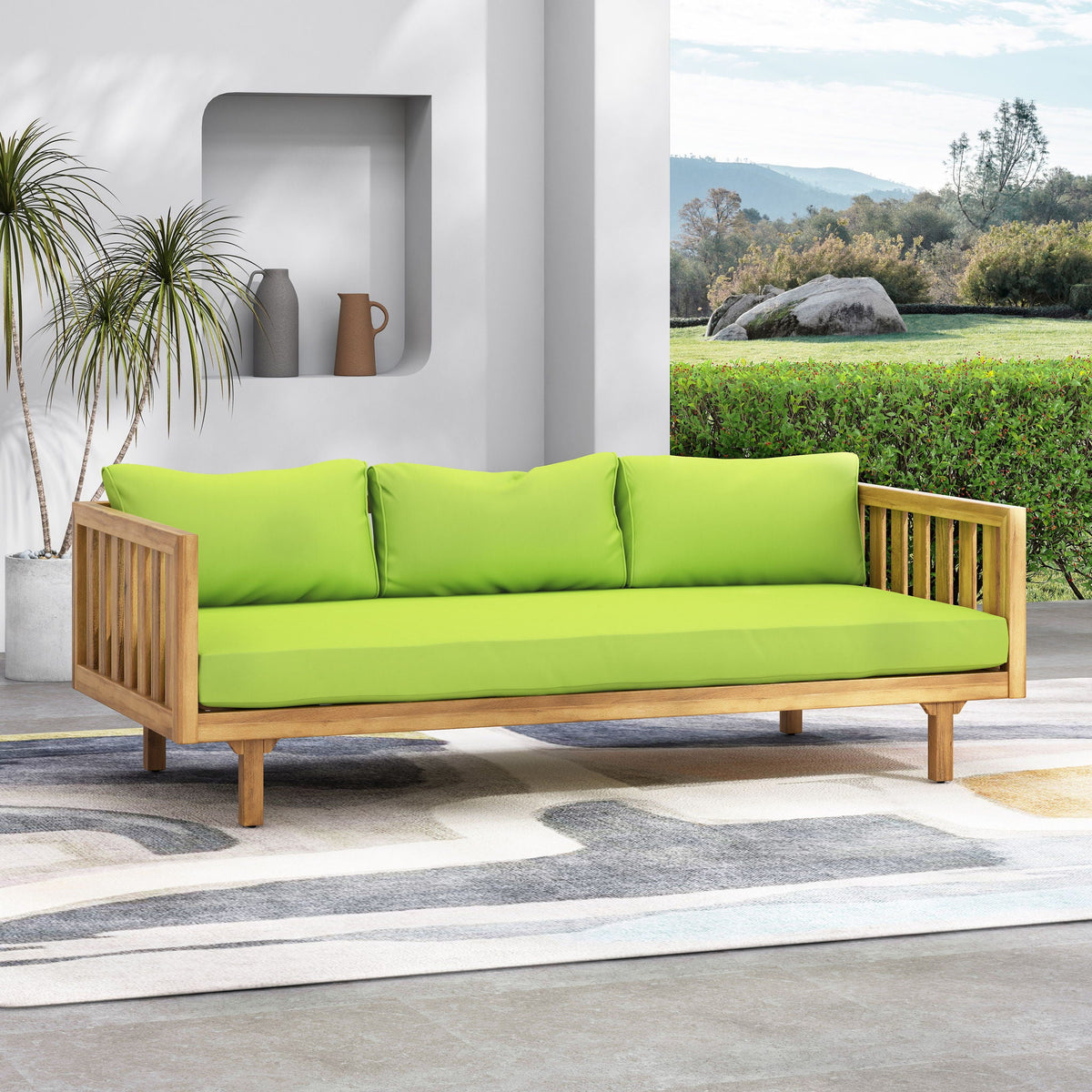 Claremont 3 Seater Daybed in teak acacia wood with lime green water-resistant cushions on Tampa Home & Garden Store