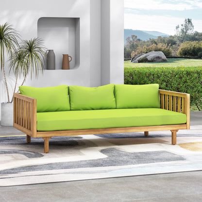 Claremont 3 Seater Daybed in teak acacia wood with lime green water-resistant cushions on Tampa Home & Garden Store