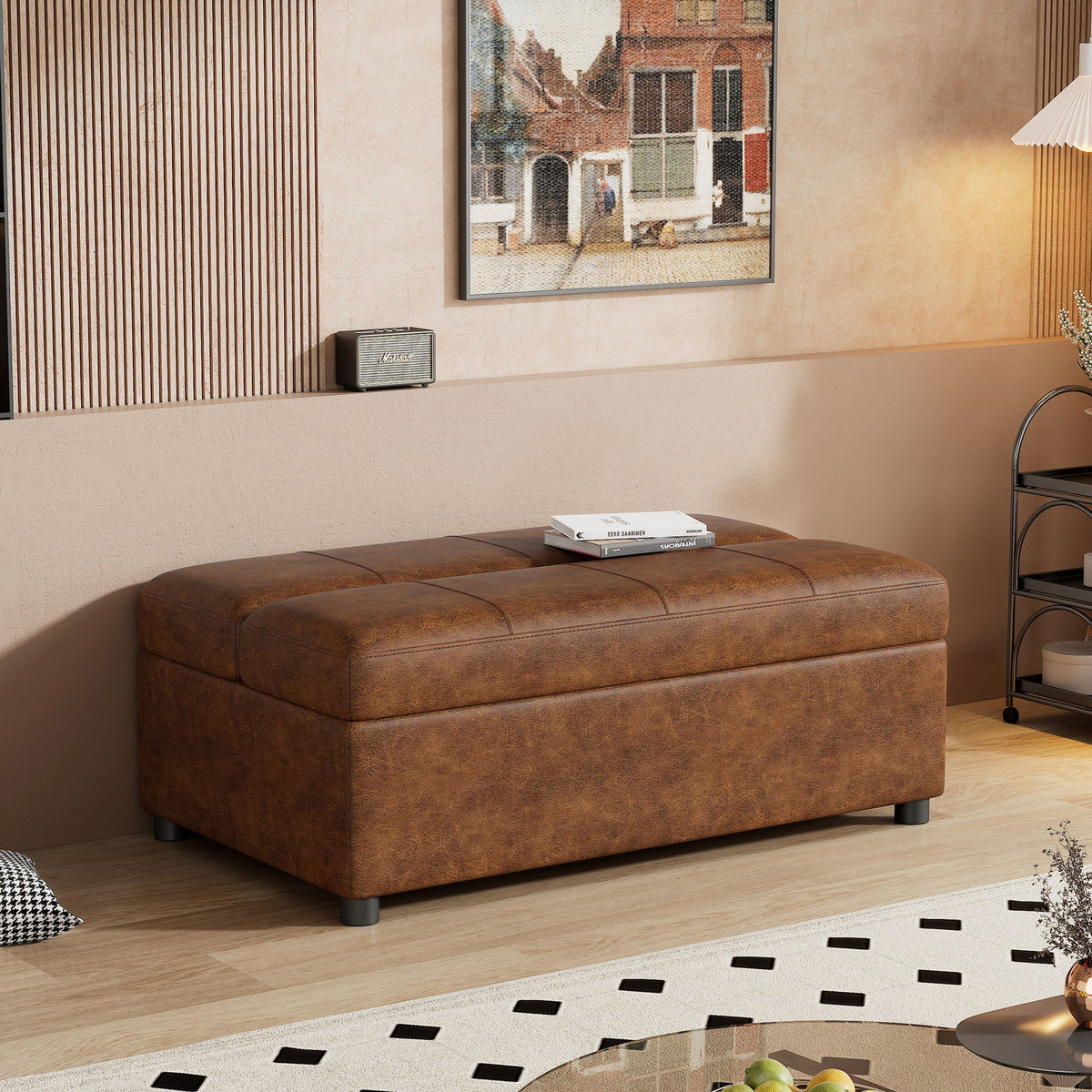 Twin size folding ottoman sleeper bed by HouseOfZazla in brown leather with mattress on Tampa Home & Garden Store