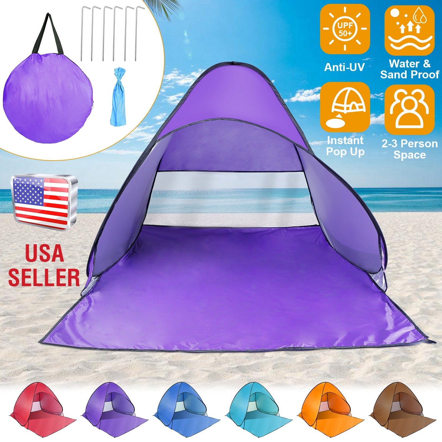Pop-Up Beach Tent GemGear purple anti-UV waterproof canopy for 2-3 person with bag and stakes on Tampa Home & Garden Store