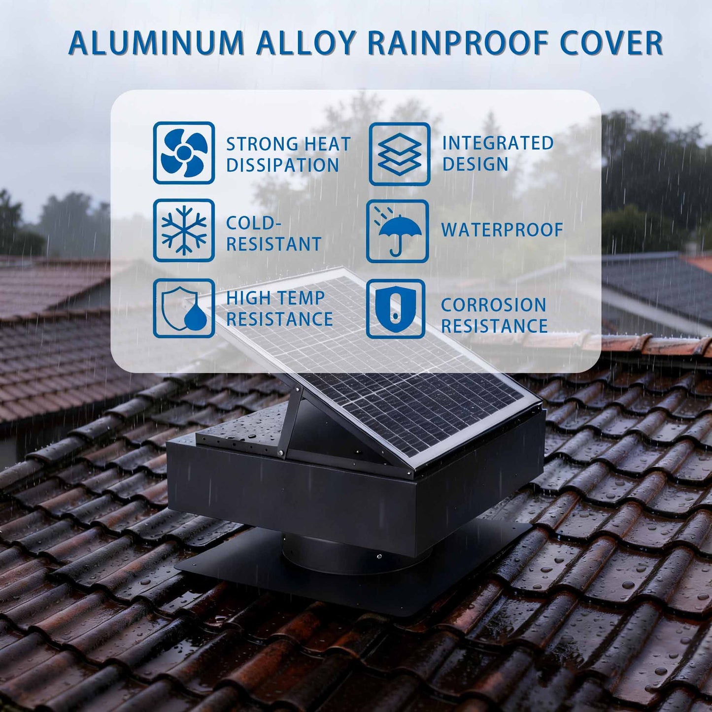 12in solar roof vent fan with 40W dual-power attic exhaust on a rain-soaked tile roof on Tampa Home & Garden Store