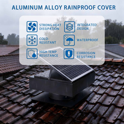 12in solar roof vent fan with 40W dual-power attic exhaust on a rain-soaked tile roof on Tampa Home & Garden Store