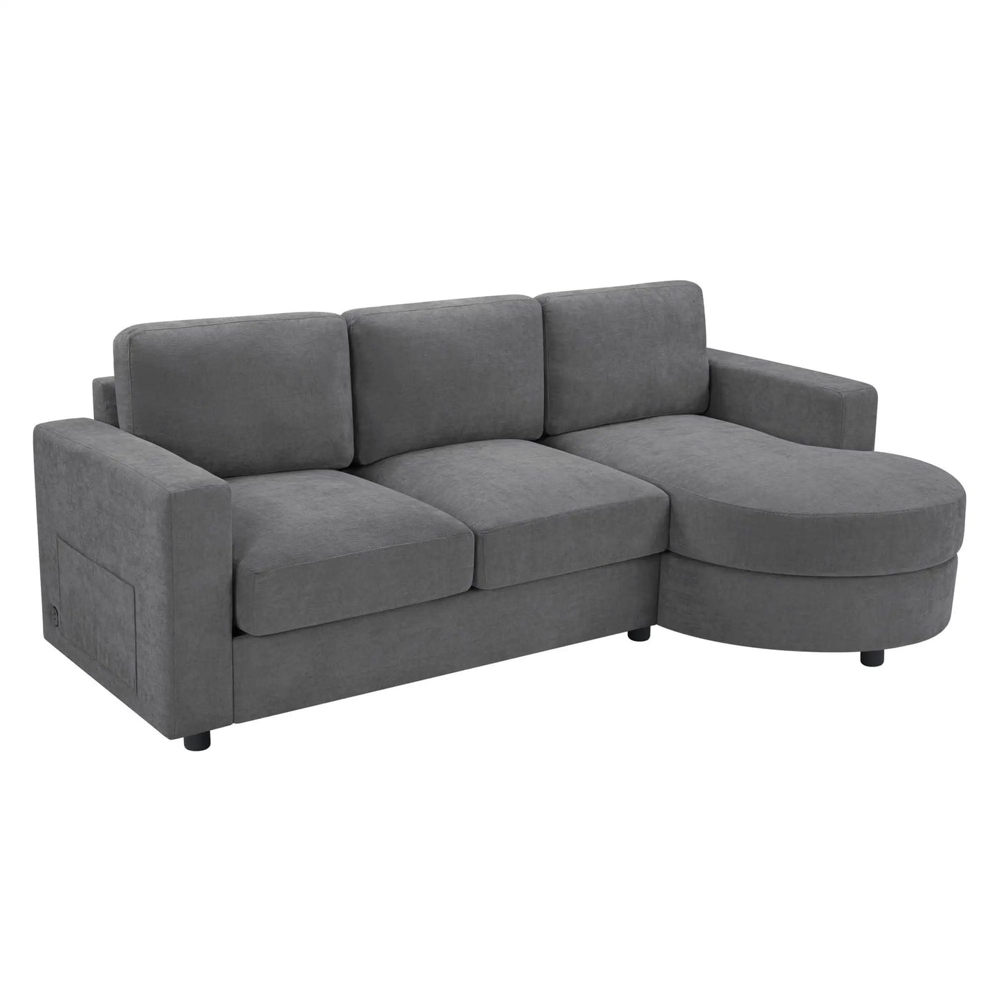 Modern L-shaped sectional sofa with curved chaise in grey fabric upholstery, 3 back cushions on Tampa Home & Garden Store