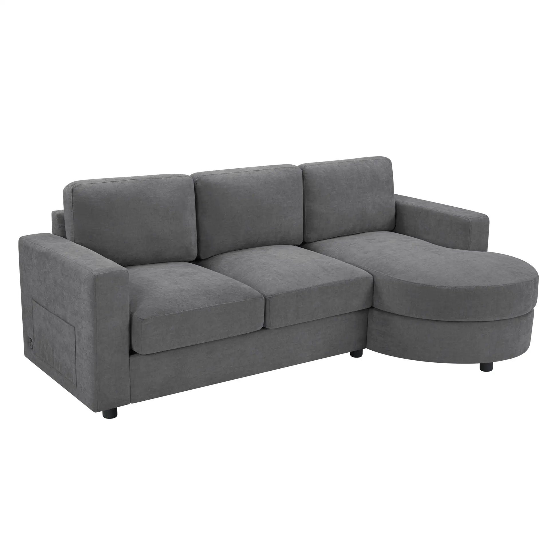Modern L-shaped sectional sofa with curved chaise in grey fabric upholstery, 3 back cushions on Tampa Home & Garden Store