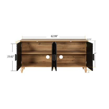 Black Carved Symmetrical Design Door And Wood Coloured Frame For TV Stand Table,Living Room ,Entryway