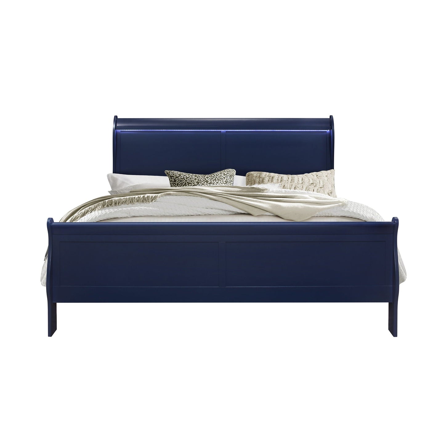 Charlston bed with LED, navy blue sleigh bed frame with illuminated headboard on Tampa Home & Garden Store