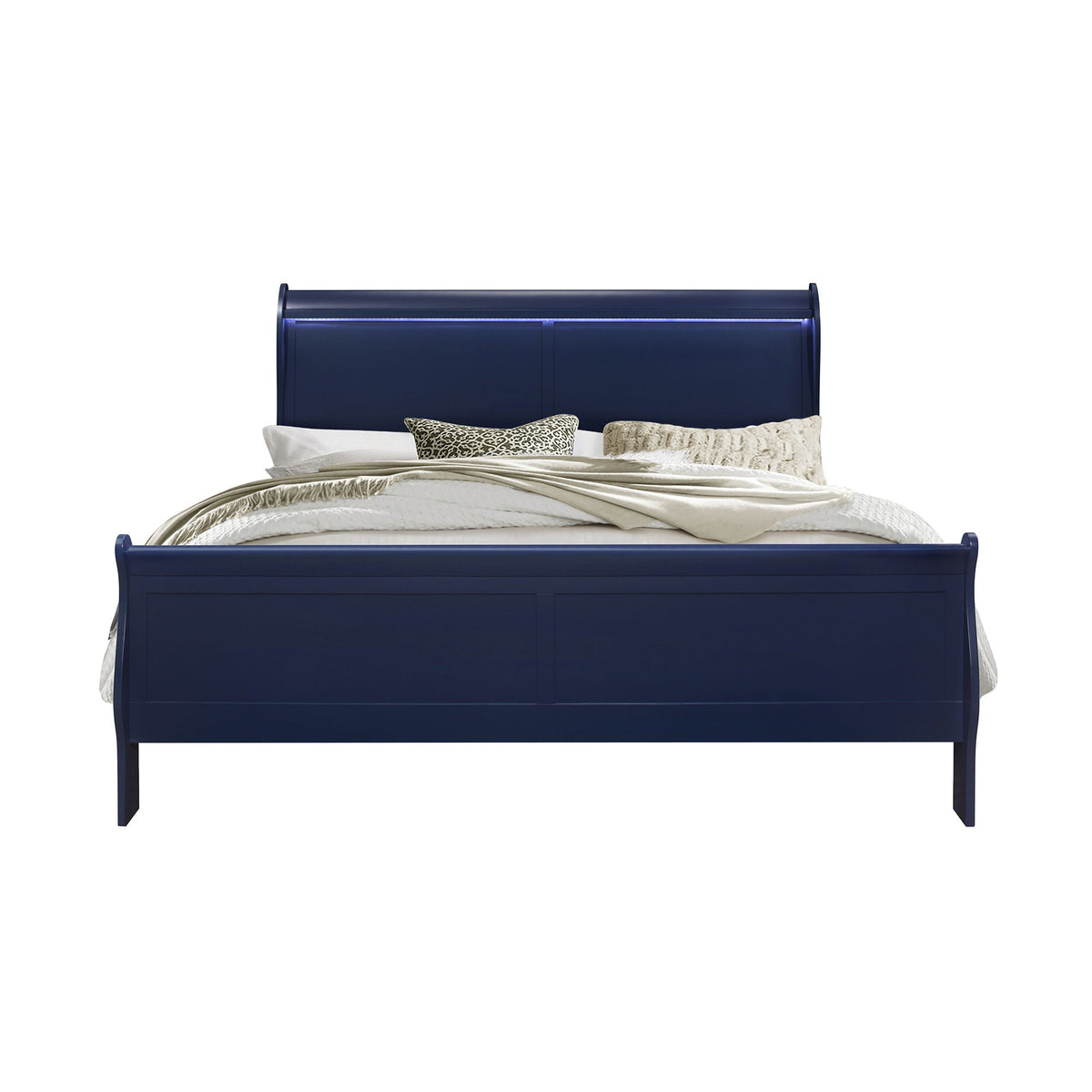 Charlston bed with LED, navy blue sleigh bed frame with illuminated headboard on Tampa Home & Garden Store