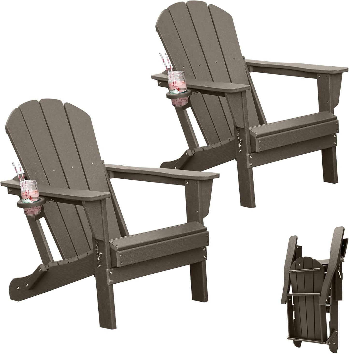 Two Brown HDPE Adirondack Chairs With Cup Holder