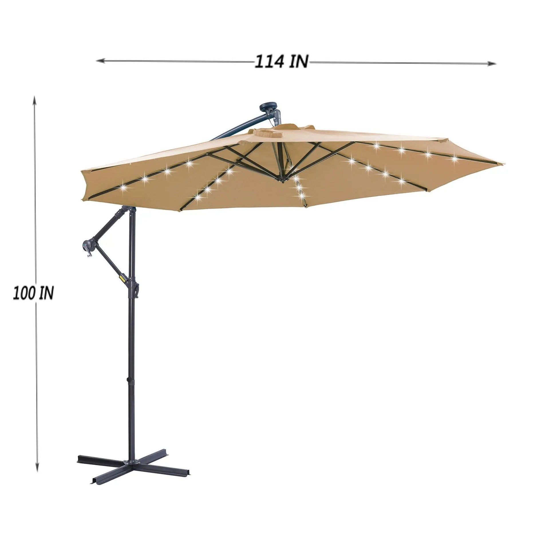 Outdoor cantilever patio umbrella with taupe canopy and 32 LED lights 10 ft metal frame on Tampa Home & Garden Store