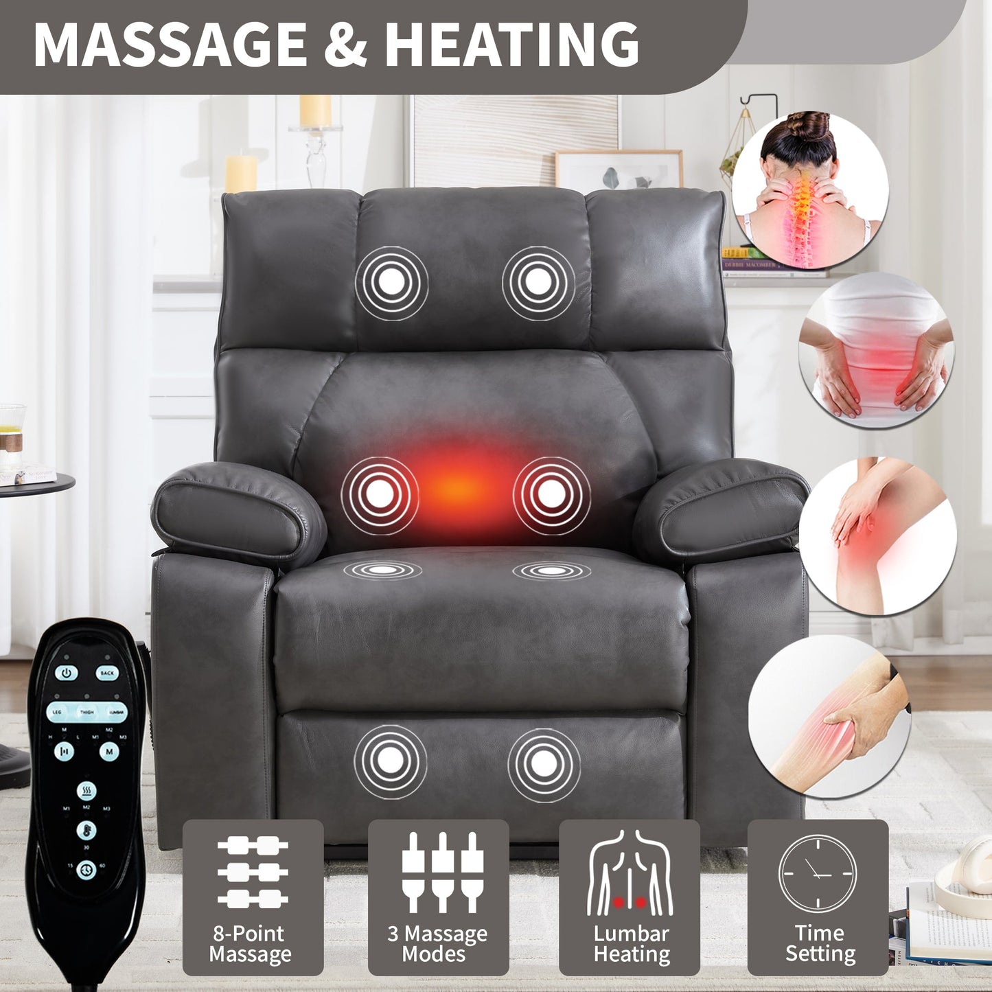 ComfortMax dark oversized lift recliner chair with heating and massage remote control visible on Tampa Home & Garden Store
