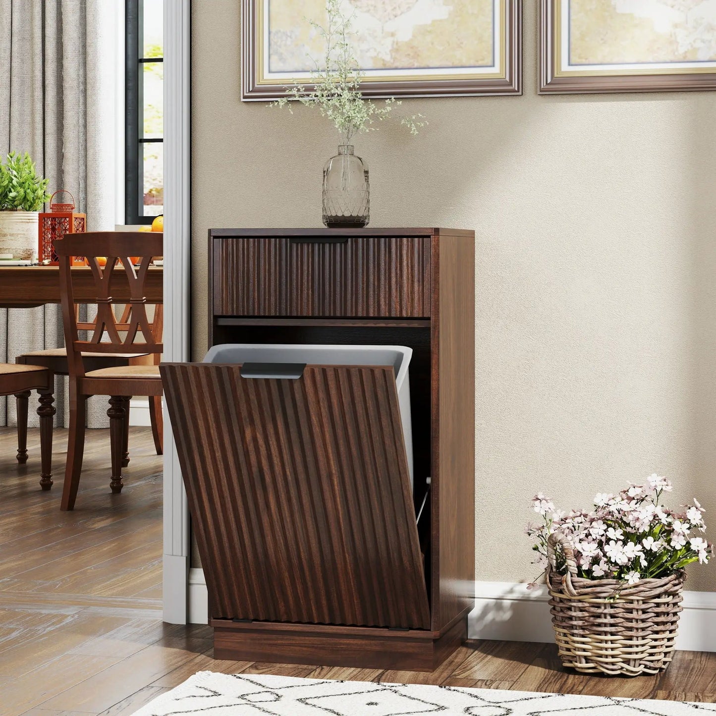 Tilt Out Trash Can Cabinet with wave-textured drawer fronts and pull-out bin in dark walnut on Tampa Home & Garden Store