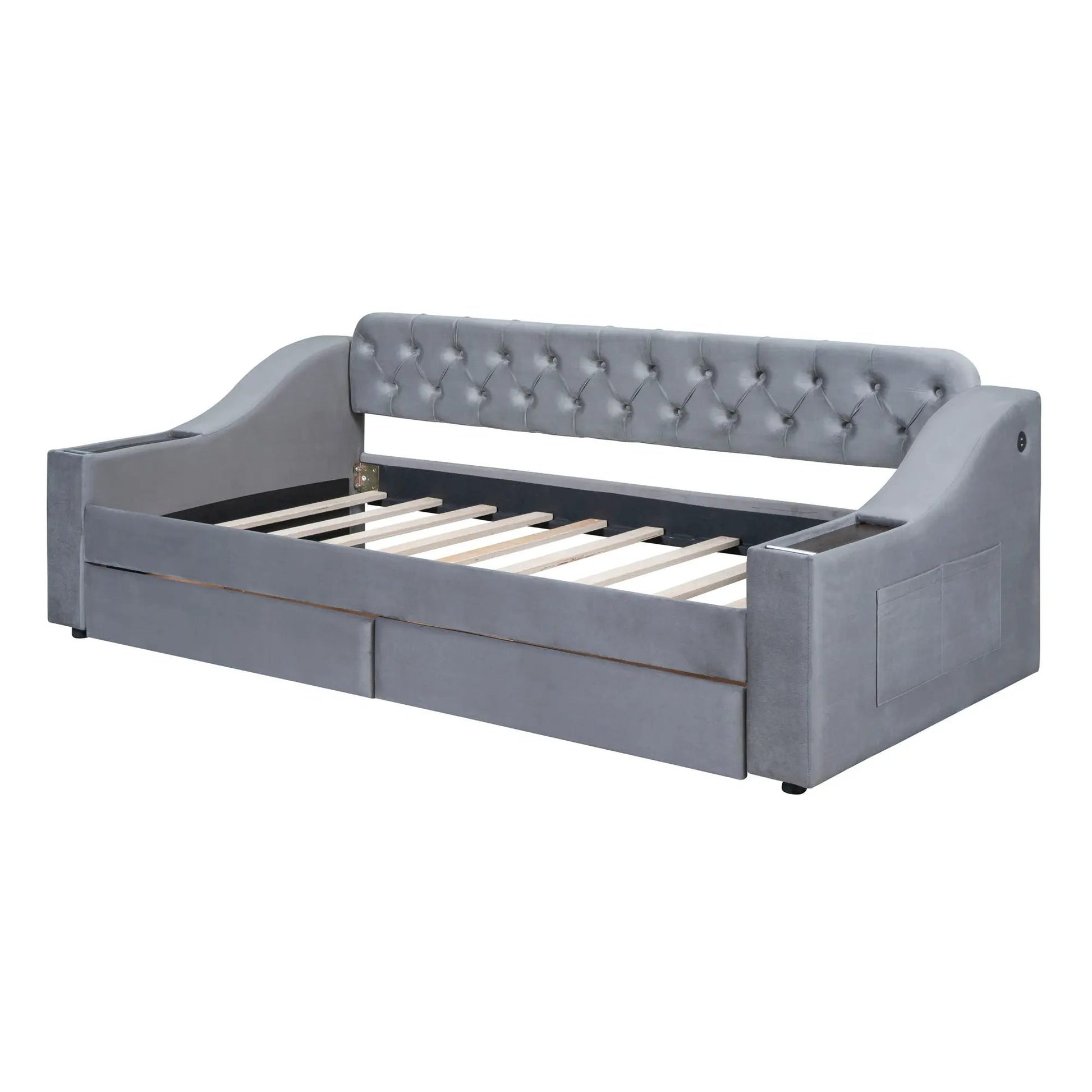 Upholstered grey daybed with tufted back and storage armrests, wooden slat base on Tampa Home & Garden Store