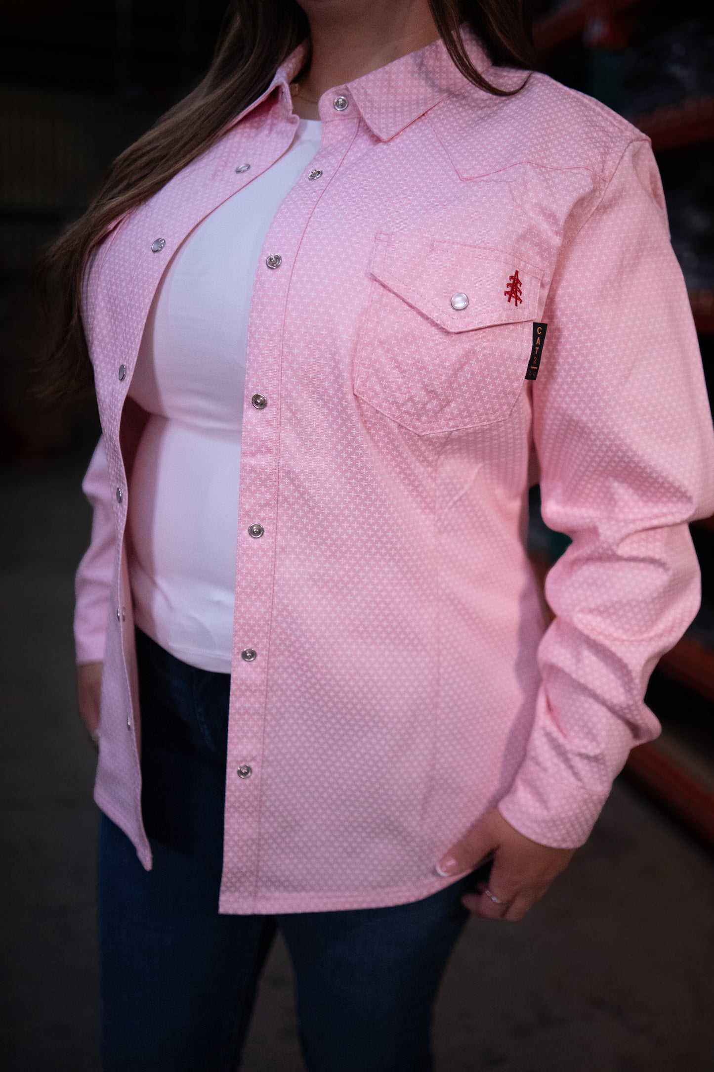 Women's FR Pearl Snap Ignite Pink work shirt with chest pocket and silver snaps on Tampa Home & Garden Store